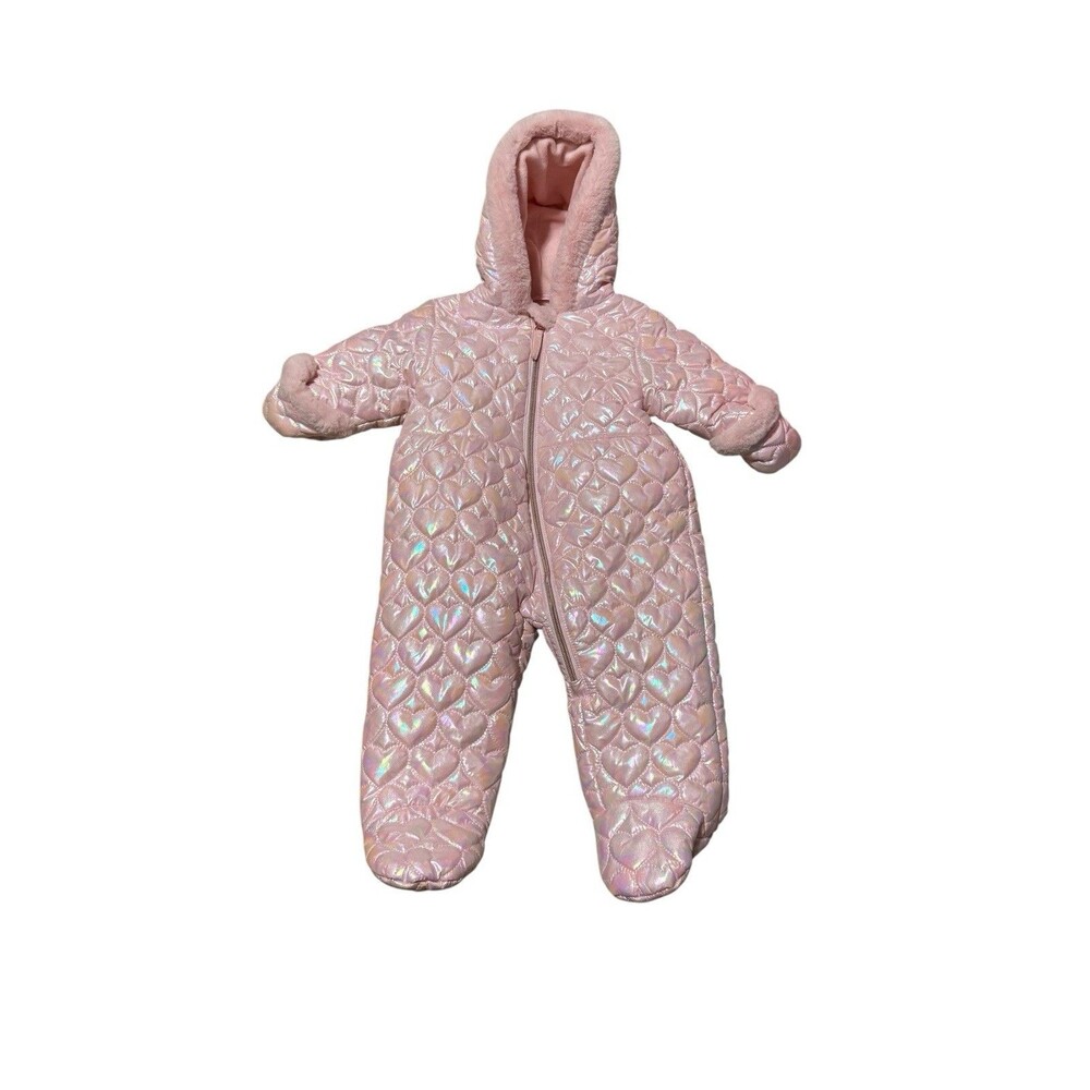 ROTHSCHILD Baby Girl Pink Quilted Iridescent Snowsuit Faux Fur Trim 12 Months